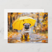 Pug with Umbrella and Boots in Rain ポストカード (正面/裏面)