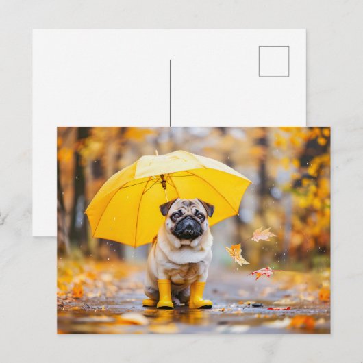 Pug with Umbrella and Boots in Rain ポストカード (正面/裏面)