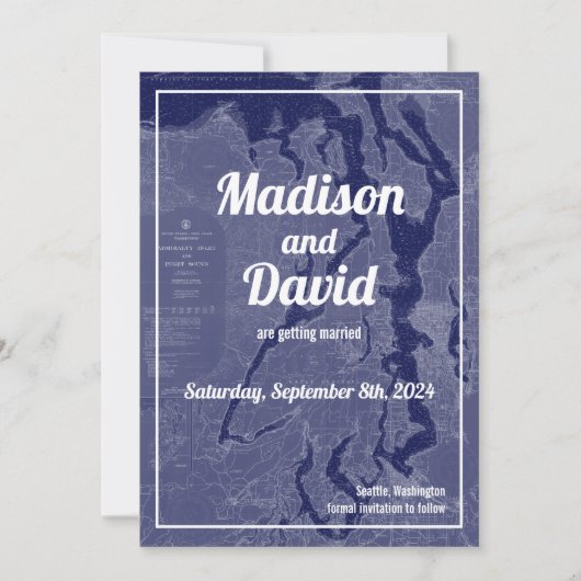 Pugetサウンドヴィンテージマップウェディング日付を保存Invi 招待状 (正面)