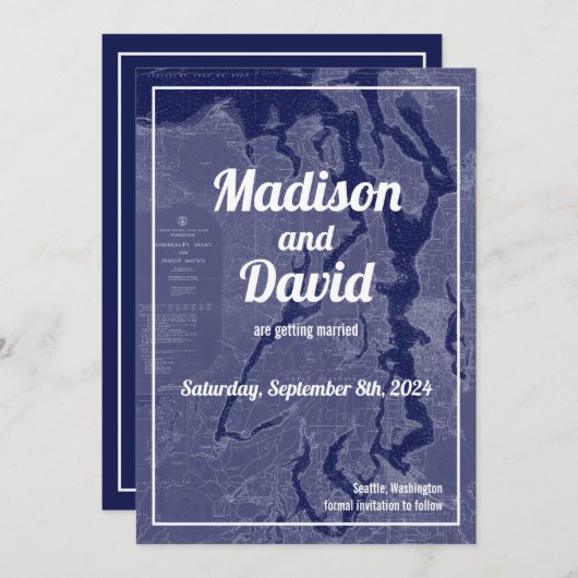 Pugetサウンドヴィンテージマップウェディング日付を保存Invi 招待状 (正面/裏面)