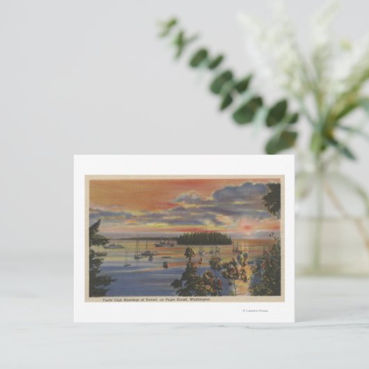 Puget Sound, WA – ヨットクラブ夕日のムーリング ポストカード (スタンド正面)