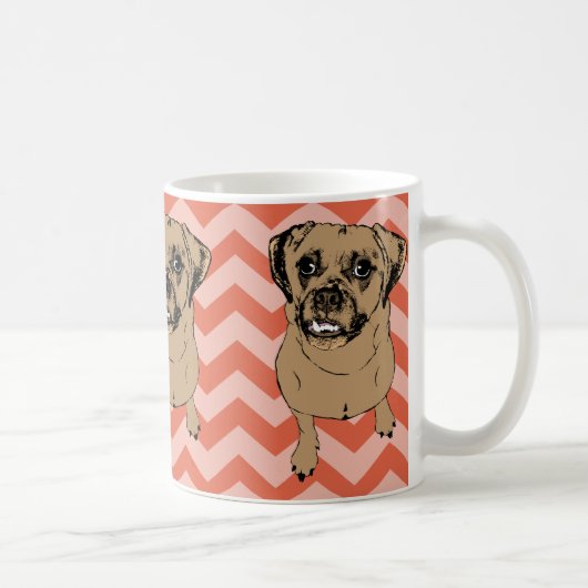 Puggleお洒落な白黒オレンジシェブロンのマグ コーヒーマグカップ (右)