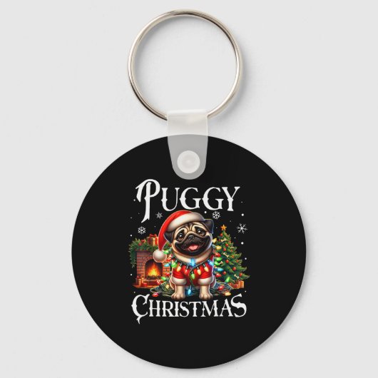 Puggy Christmas Pug Xmas Pug Santa Claus Pug キーホルダー (正面)