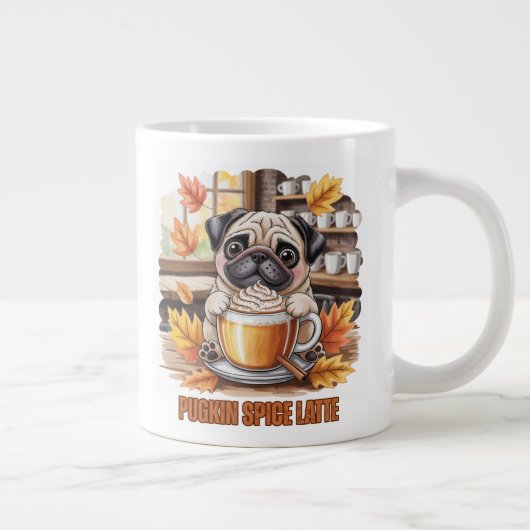 Pugkin Spice Latte – Cute Autumn Pug Coffee Design ジャンボコーヒーマグカップ (右)