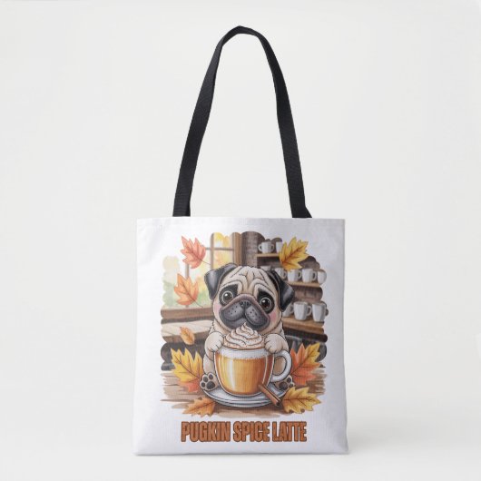 Pugkin Spice Latte – Cute Autumn Pug Coffee Design トートバッグ (正面)
