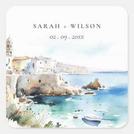 Puglia, Italy Watercolor Landscape Wedding スクエアシール