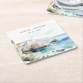 Puglia, Italy Watercolor Landscape Wedding スクエアペーパーコースター (アングル)