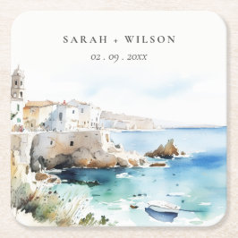 Puglia, Italy Watercolor Landscape Wedding スクエアペーパーコースター