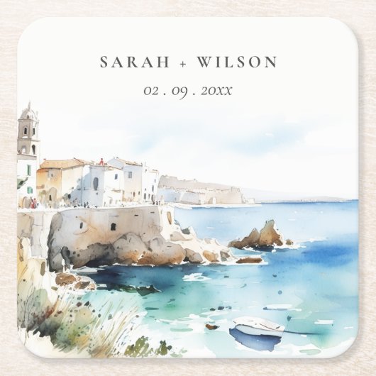 Puglia, Italy Watercolor Landscape Wedding スクエアペーパーコースター (正面)