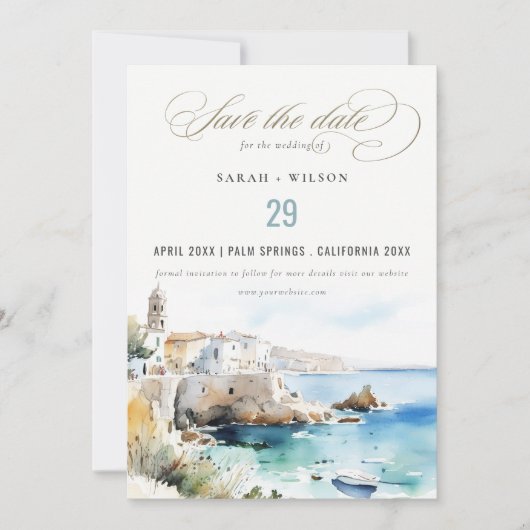 Puglia, Italy Watercolor Landscape Wedding セーブザデート (正面)