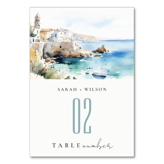 Puglia, Italy Watercolor Landscape Wedding テーブルナンバー (正面)