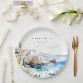 Puglia, Italy Watercolor Landscape Wedding ペーパープレート