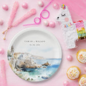 Puglia, Italy Watercolor Landscape Wedding ペーパープレート (パーティー)