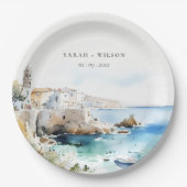 Puglia, Italy Watercolor Landscape Wedding ペーパープレート (正面)