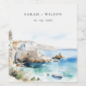Puglia, Italy Watercolor Landscape Wedding ワインラベル (シングルラベル)