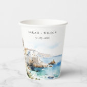 Puglia, Italy Watercolor Landscape Wedding 紙コップ (正面)