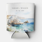 Puglia, Italy Watercolor Landscape Wedding 缶クーラー (正面)