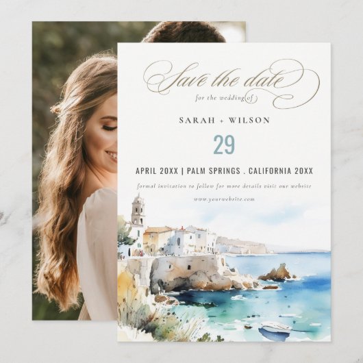 Puglia, Italy Watercolor Landscape Wedding Photo セーブザデート (正面/裏面)