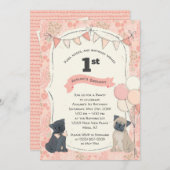 Pugsとキス子犬の写真誕生日 招待状 (正面/裏面)