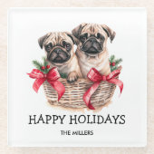 PUGSとキス犬をテーマにしたクリスマスカスタム ガラスコースター (正面)