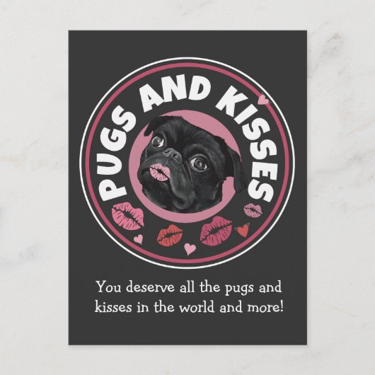 Pugsとキス |パニー | Pug Lovers愛のメッセージ ポストカード (正面)