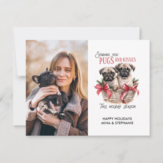 PUGSとKISESS DOGテーマのクリスマスフォト独身のー シーズンカード (正面)