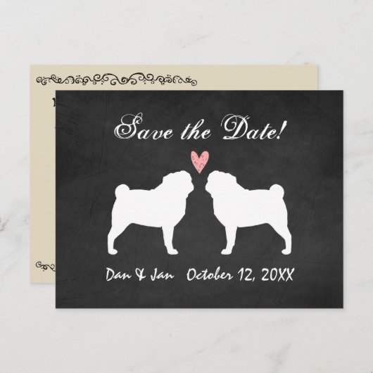 Pugs結婚式の日付の保存 案内ポストカード (正面/裏面)