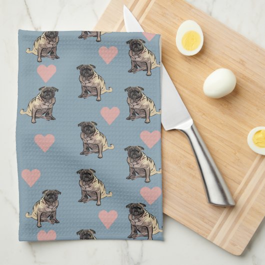 Pugs & hearts キッチンタオル (四つ折り)