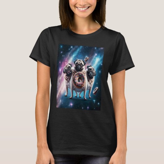 Pugs In Space With Donuts Cute Pug Boys Girls Men Tシャツ (正面)