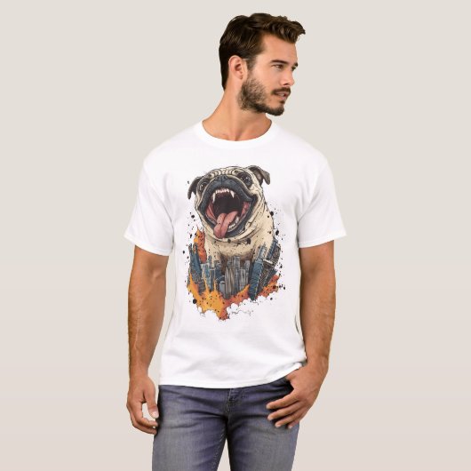 Pugzilla Attacks � Funny Monster Dog Tシャツ (正面フル)