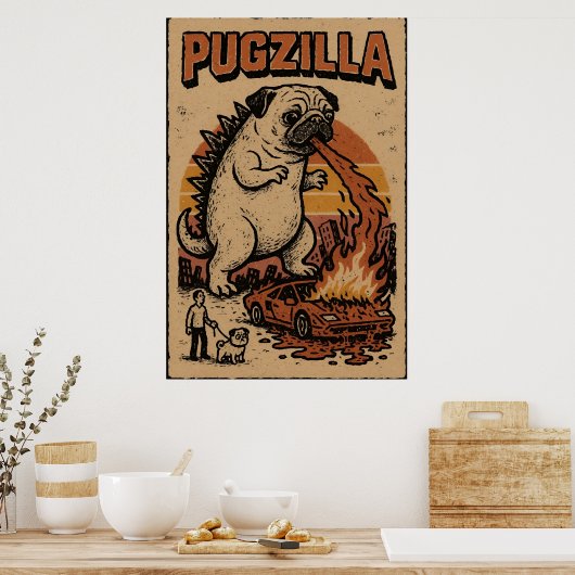 Pugzilla Poster – Cute Pug Monster Illustration ポスター (キッチン)