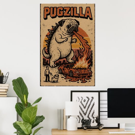Pugzilla Poster – Cute Pug Monster Illustration ポスター (ホームオフィス)