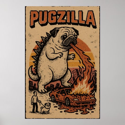 Pugzilla Poster – Cute Pug Monster Illustration ポスター (正面)