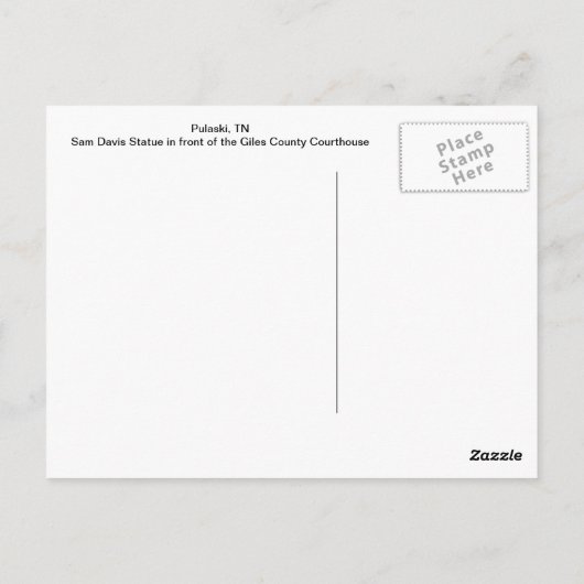 Pulaski, TN Sam Davis像はがき ポストカード (裏面)