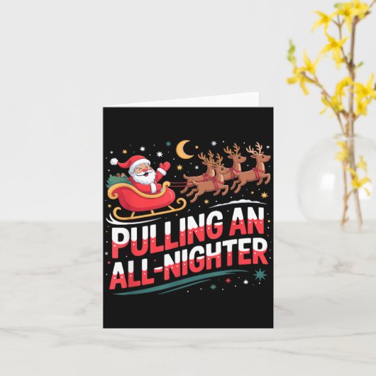 Pulling An All-nighter Funny Christmas Santa Sleig カード (黄色い花)