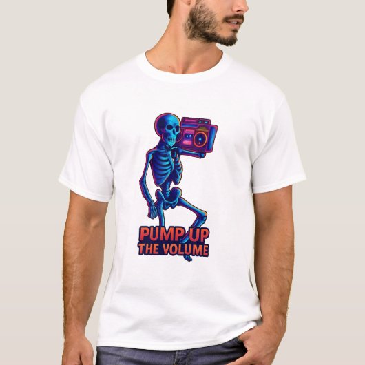Pump Up the Volume – Neon Skeleton Boombox Vibes Tシャツ (正面)