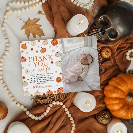 Pumpkin 1st Birthday Photo Thank You Card 招待状