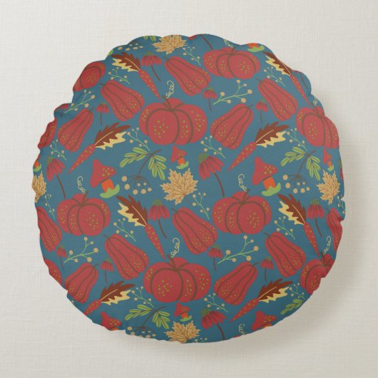 Pumpkin and carrot seamless pattern red and blue ラウンドクッション (正面)