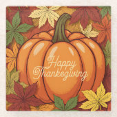 Pumpkin and Leaves Thanksgiving ガラスコースター (正面)