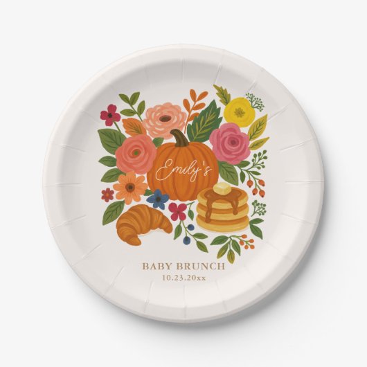 Pumpkin Baby Shower Paper Plate, Fall Floral ペーパープレート (正面)