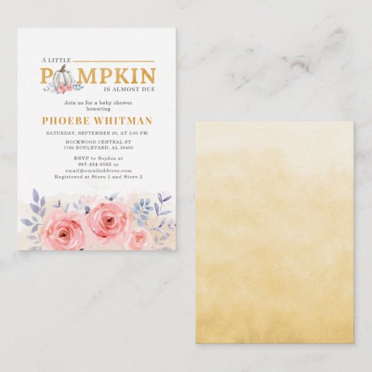 Pumpkin Baby Shower Watercolor Pink Roses 招待状 (正面/裏面)