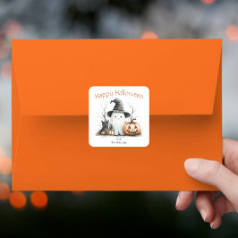 Pumpkin Black Cat Ghost Watercolor Happy Halloween スクエアシール