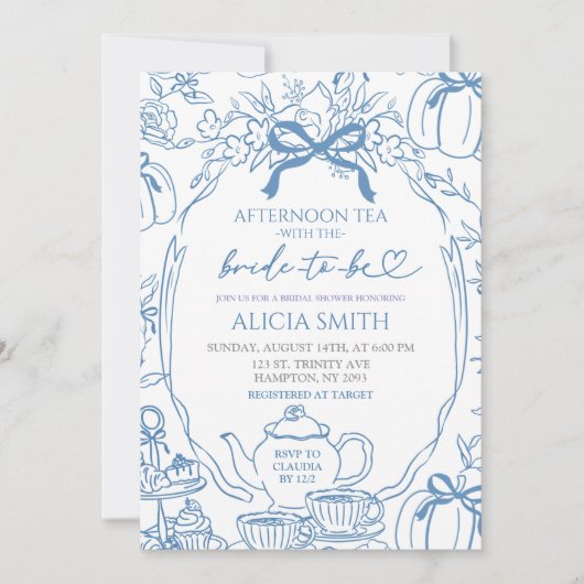 Pumpkin Blue Bow Toile Bridal Shower Tea Party 招待状 (正面)