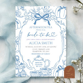  Pumpkin Blue Bow Toile Bridal Shower Tea Party 招待状
