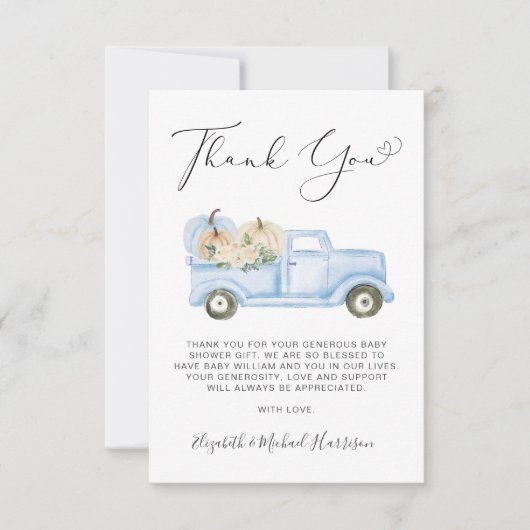 Pumpkin Blue Truck Baby Boy Shower Thank You Card サンキューカード (正面)