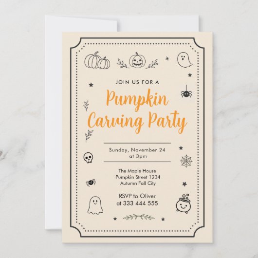 Pumpkin Carving Party Halloween Doodles 招待状 (正面)