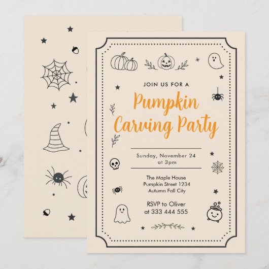 Pumpkin Carving Party Halloween Doodles 招待状 (正面/裏面)