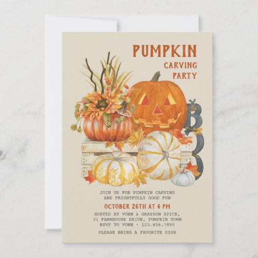 Pumpkin Carving Rustic Farmhouse Halloween Party 招待状 (正面)