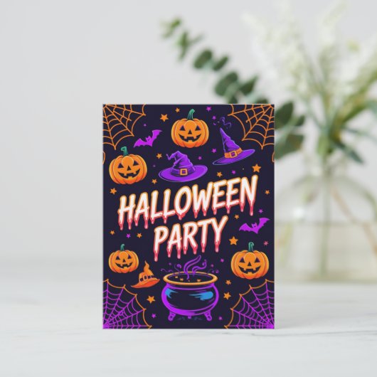 Pumpkin Cauldron Halloween Party Invite ポストカード (スタンド正面)