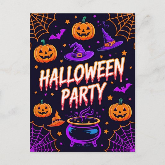 Pumpkin Cauldron Halloween Party Invite ポストカード (正面)